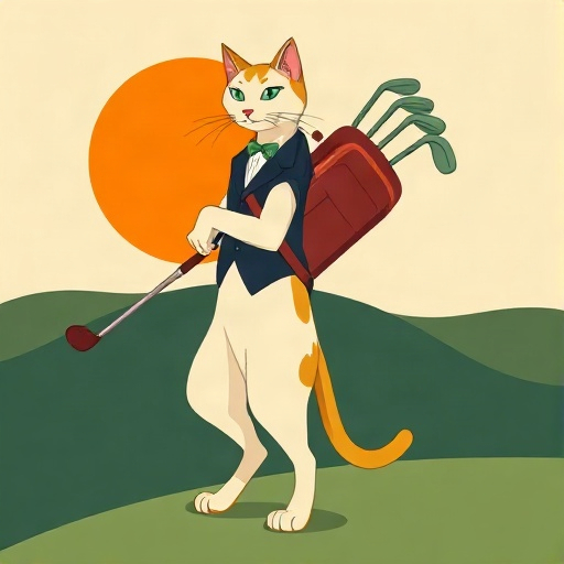 An art-deco illustration of a cat standing upright, wearing a waistcoat and bow tie, carrying a golf bag full of clubs taller than itself